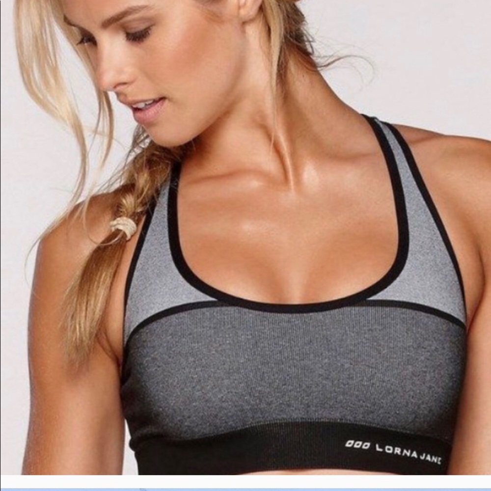 Lorna Jane black and grey stripe sport bra NWOT